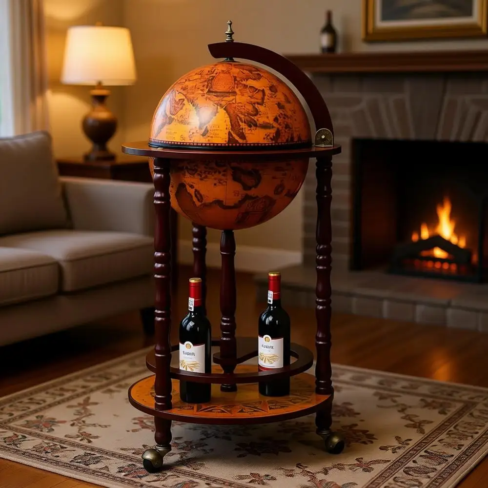 17th Century Style Globe Wine Bar Stand with Wheels, Bottom Shelf, and Stemware Storage
17th Century Style Globe Wine Bar Stand with Wheels, Bottom Shelf, and Stemware Storage