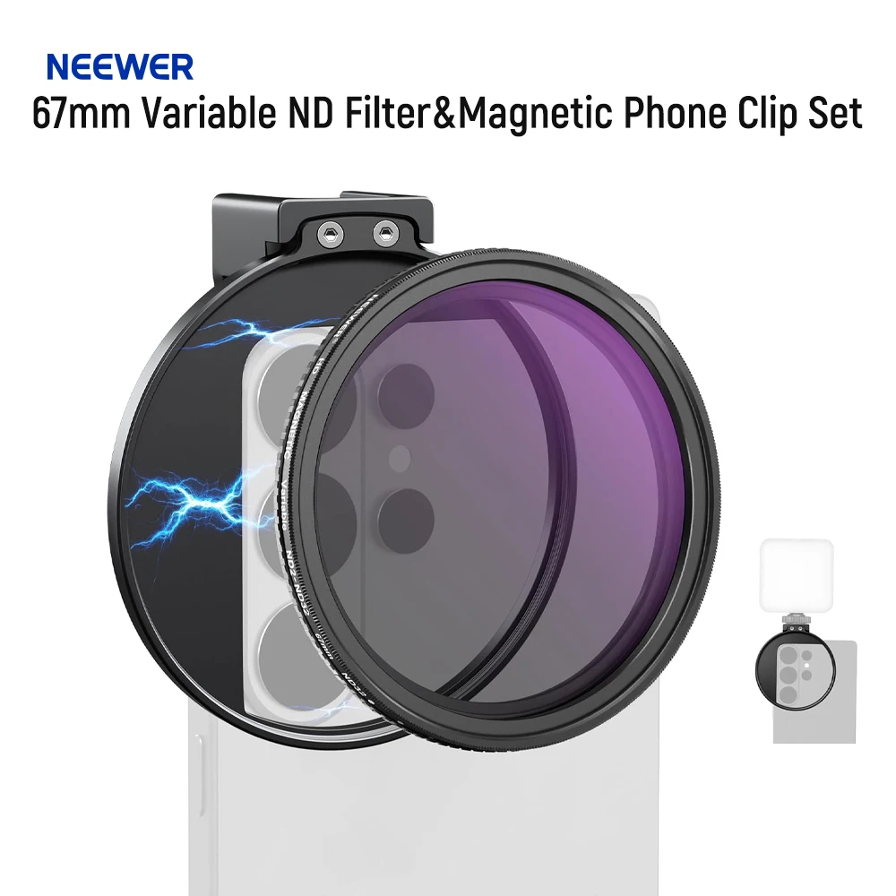 NEEWER 67mm Variable ND Filter & Magnetic Phone Clip Set, Adjustable ND2-32 Lens Filter For iPhone 17 Pro Max Samsung S26 Ultra
NEEWER 67mm Variable ND Filter & Magnetic Phone Clip Set, Adjustable ND2-32 Lens Filter For iPhone 17 Pro Max Samsung S26 Ultra