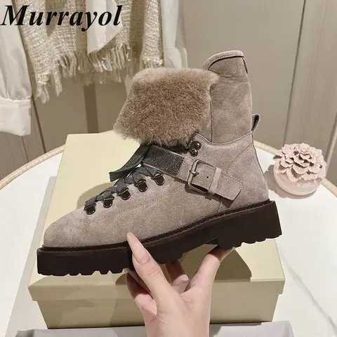 Snow Boots Women Cow Suede Real Wool Lining String Bead Decor Outwear Non-slip Flat Thick Bottom Ski Booties Winter Short Boots