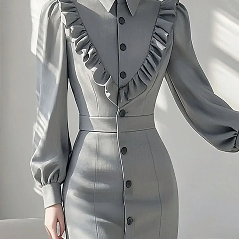 2026 New Spring Autumn Slim Beautiful Ruffle Single-breasted Grey Suit Dress Women's Dress Korean Women Receive High Praise
2026 New Spring Autumn Slim Beautiful Ruffle Single-breasted Grey Suit Dress Women's Dress Korean Women Receive High Praise