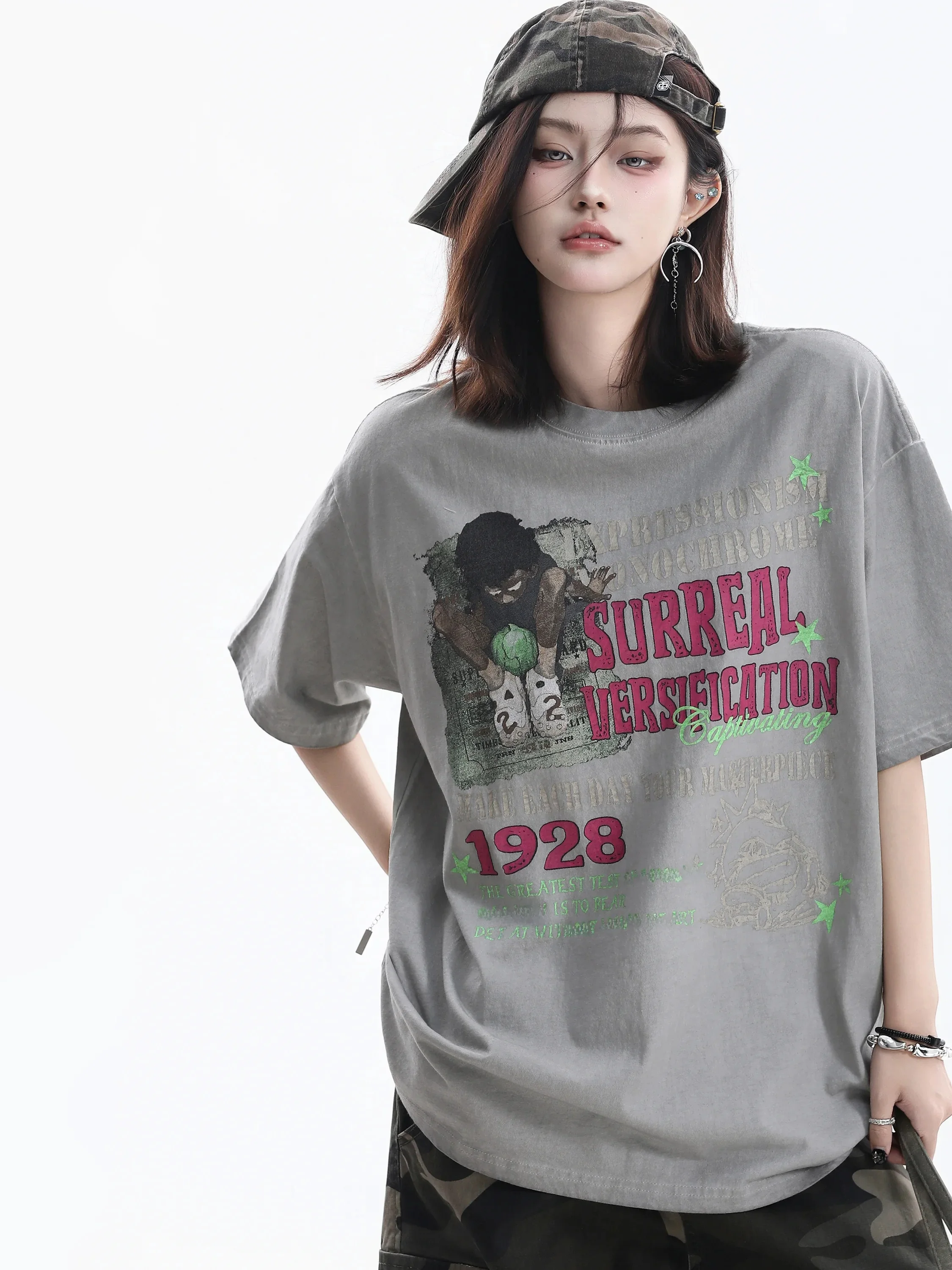 Retro Washed Short Sleeve T-Shirt Women's Oversize American Style High Street Culture Vintage Neutral Cotton round Neck
Retro Washed Short Sleeve T-Shirt Women's Oversize American Style High Street Culture Vintage Neutral Cotton round Neck