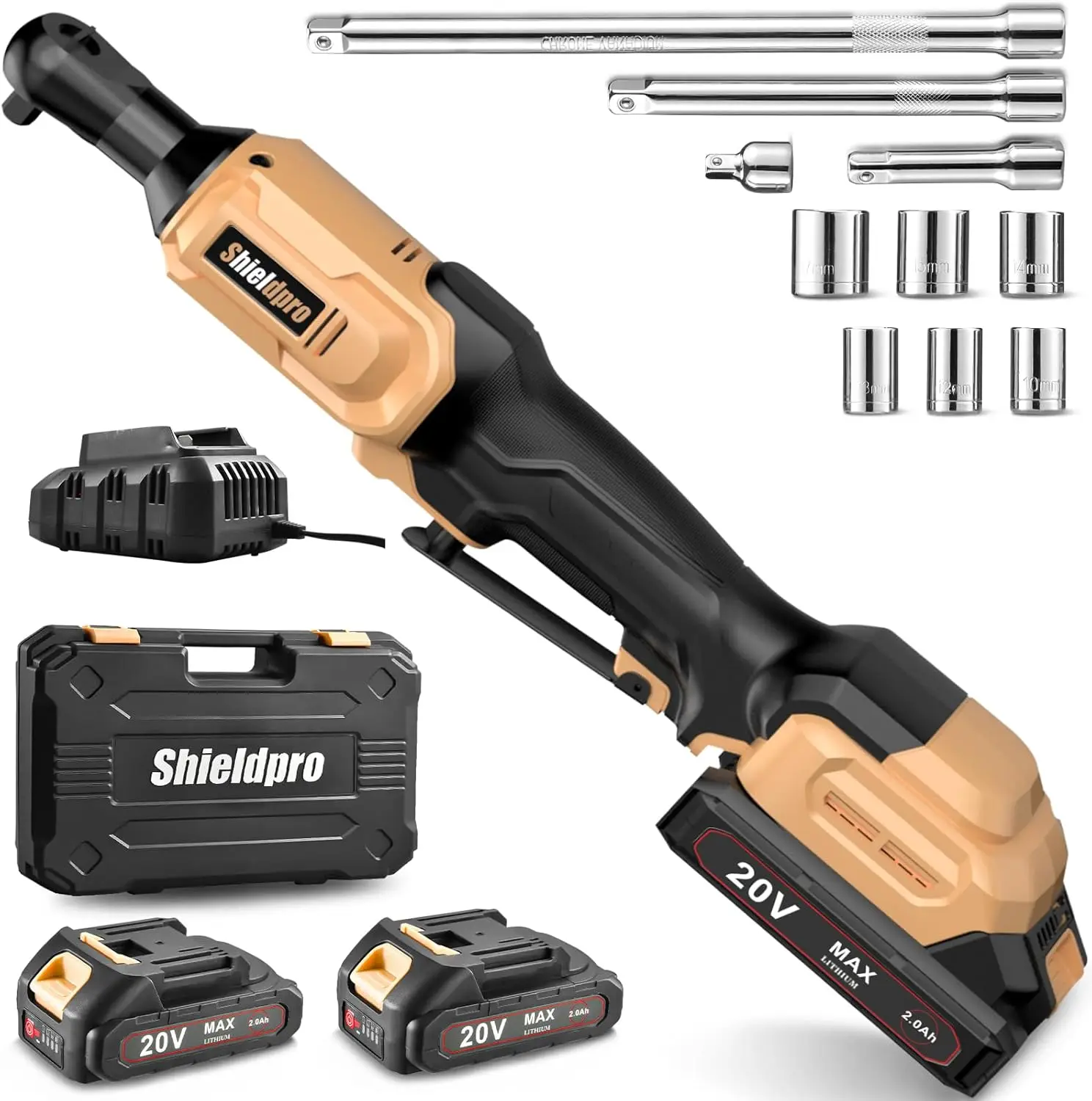20V Cordless Ratchet Wrench Set 3/8" 400RPM with 2 Batteries, Sockets, Extension Bars, Yellow
20V Cordless Ratchet Wrench Set 3/8" 400RPM with 2 Batteries, Sockets, Extension Bars, Yellow