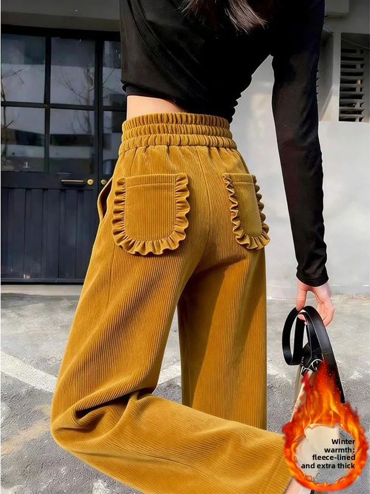 Yellow Corduroy Wide Leg Pants Women's Thiened Fce Casual Elastic Waist Loose Fit Autumn Winter Warm Slimming Trousers
Yellow Corduroy Wide Leg Pants Women's Thiened Fce Casual Elastic Waist Loose Fit Autumn Winter Warm Slimming Trousers