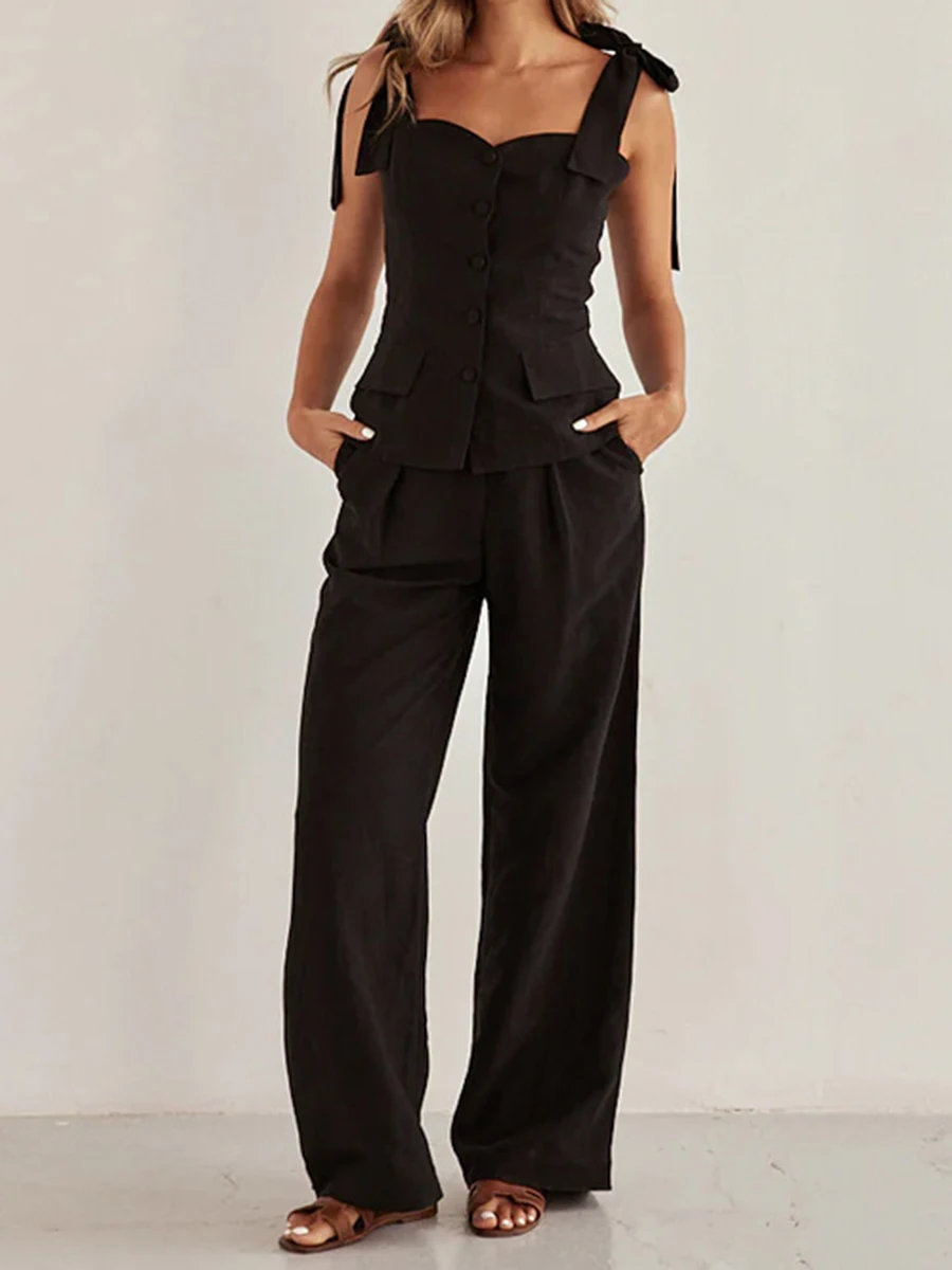 Black Pleated Trouser Suit Women Lace-up Sleeveless Single Breasted Tank Top Summer Fashion Casual Wide Leg Pants 2 Piece Sets
Black Pleated Trouser Suit Women Lace-up Sleeveless Single Breasted Tank Top Summer Fashion Casual Wide Leg Pants 2 Piece Sets