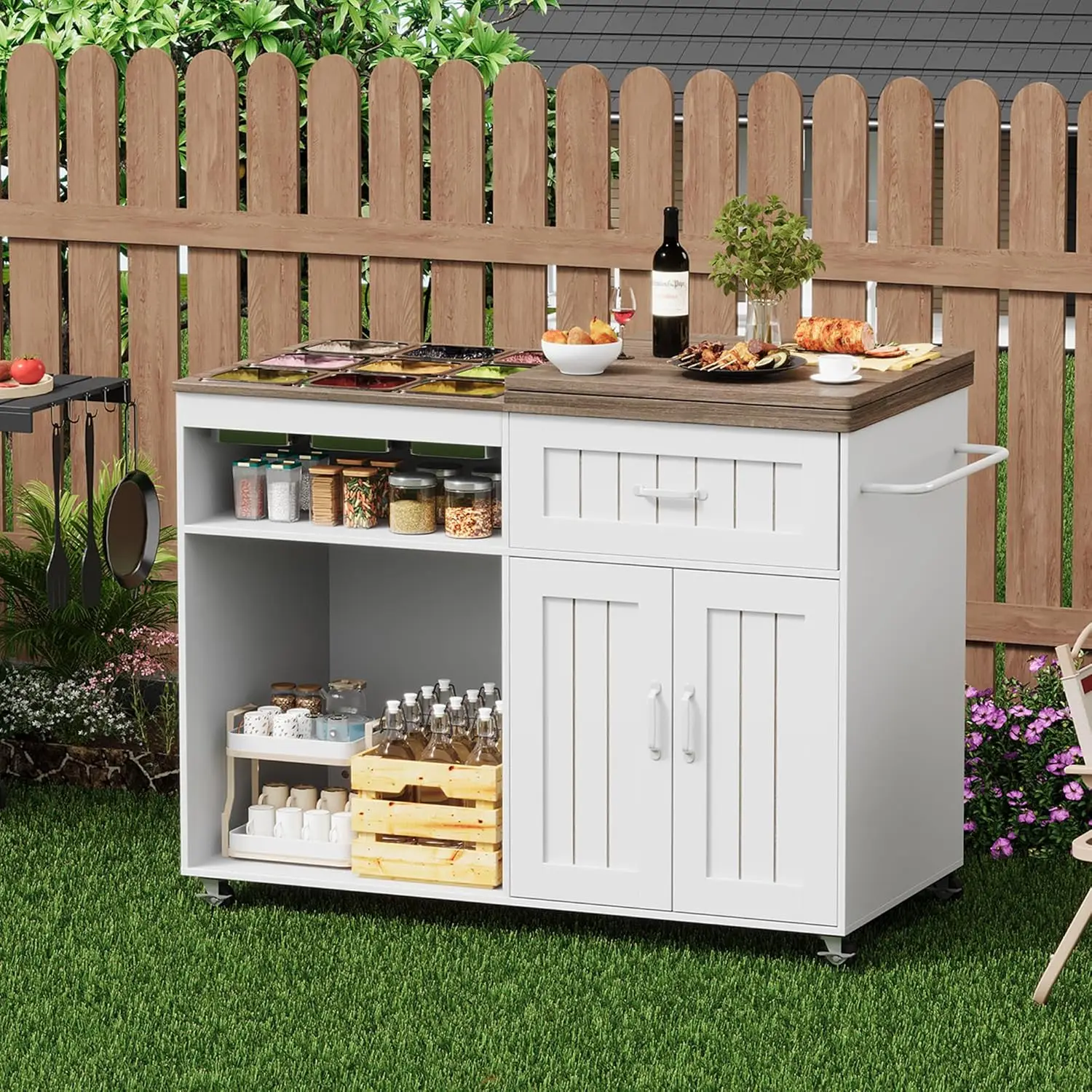 47.2" Foldable Charcuterie Cart with Stainless Steel Food Pans, Dessert Cart with Drawer & Storage Cabinet,Mobile Salad Bar Buff
47.2" Foldable Charcuterie Cart with Stainless Steel Food Pans, Dessert Cart with Drawer & Storage Cabinet,Mobile Salad Bar Buff