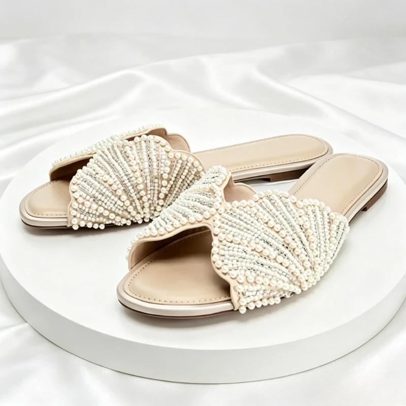 Luxury Shiny Appliques Flat Sandals for Women Fashion Faux Pearl Designer Slide Sandal Comfortable Lightweight Beach Casual Shoe
Luxury Shiny Appliques Flat Sandals for Women Fashion Faux Pearl Designer Slide Sandal Comfortable Lightweight Beach Casual Shoe