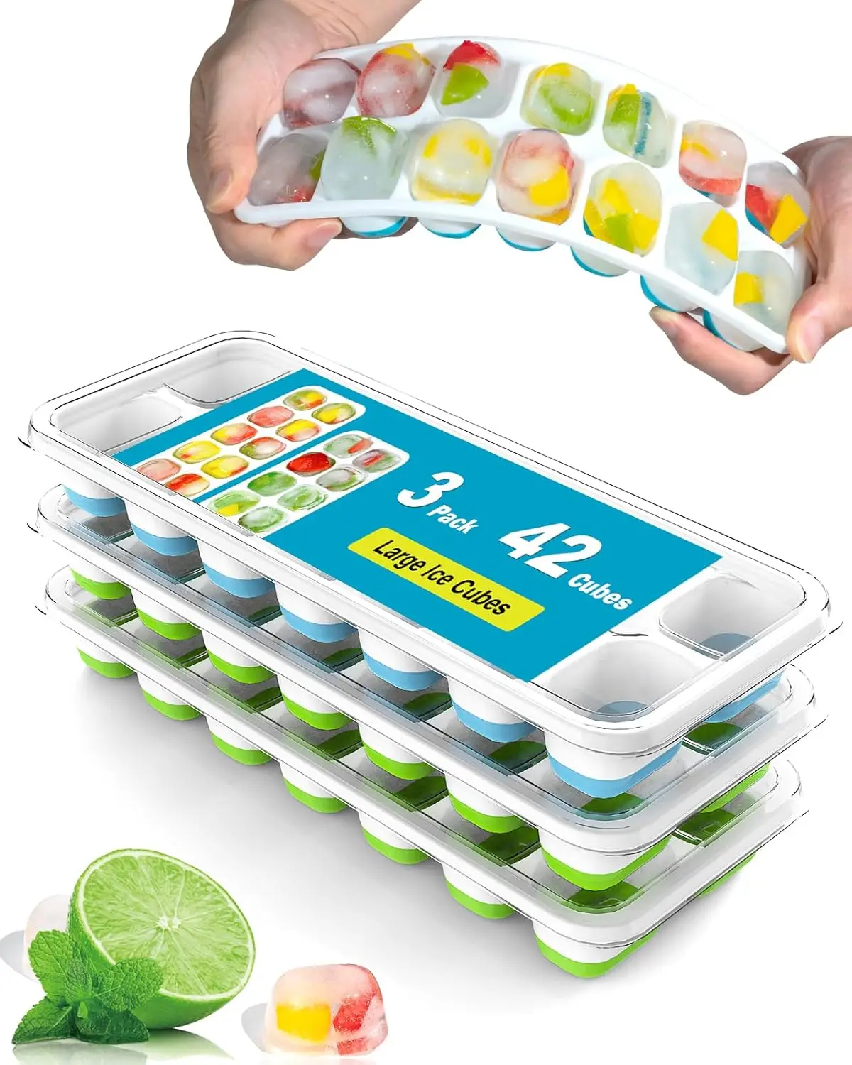 3 Pack Ice Cube Trays with Lid for Freezer, Flexible Silicone Bottom for Easy Release, Stackable Space-Saving Ice Molds, 1.2" Cubes Color-Coded (2 Green 1 Blue) for Juice, Coffee & Cocktails, BPA Free
3 Pack Ice Cube Trays with Lid for Freezer, Flexible Silicone Bottom for Easy Release, Stackable Space-Saving Ice Molds, 1.2" Cubes Color-Coded (2 Green 1 Blue) for Juice, Coffee & Cocktails, BPA Free