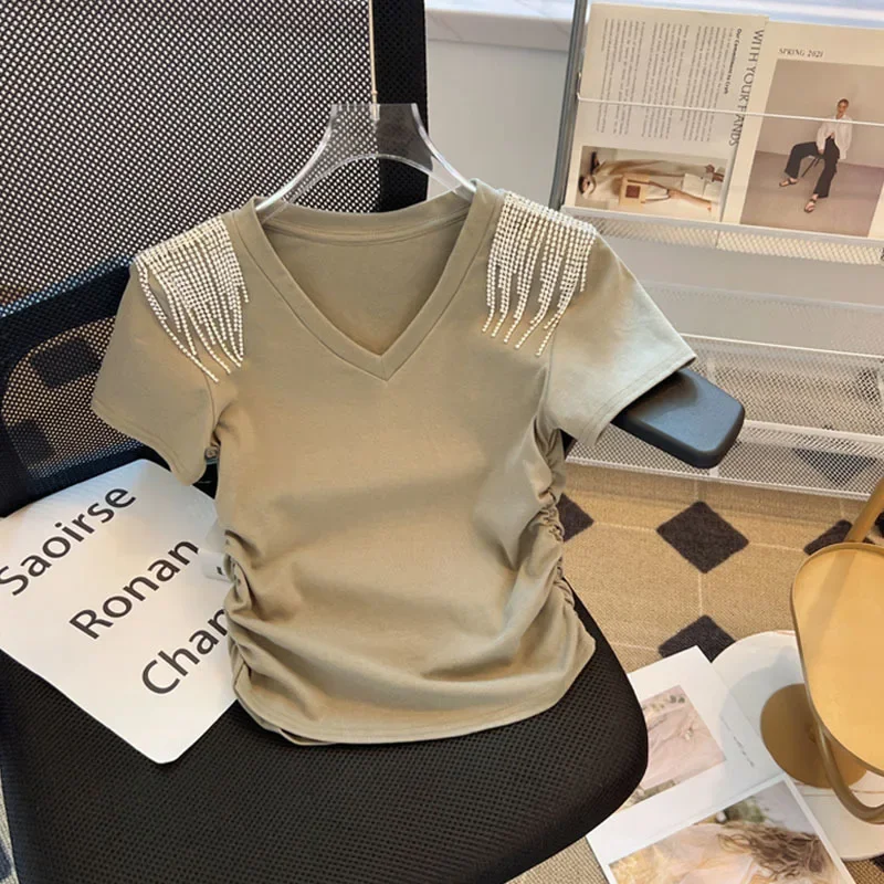 Summer Korean Style Slim Fit Temperamental All-Match Lady Tops Rhinestone Chain Tassel Short Sleeve T-shirt Women 2025
Summer Korean Style Slim Fit Temperamental All-Match Lady Tops Rhinestone Chain Tassel Short Sleeve T-shirt Women 2025
