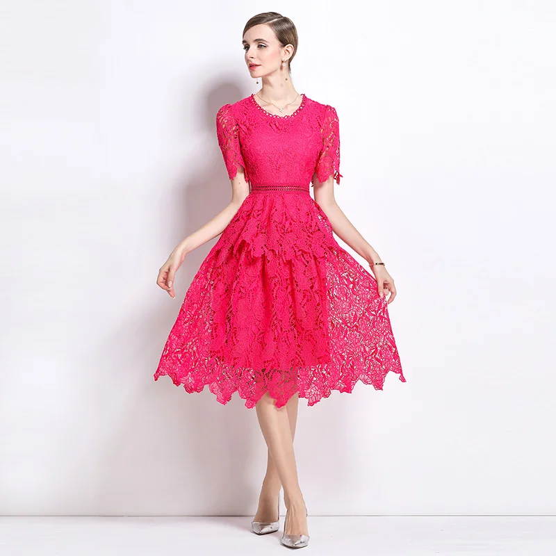 Women's Solid Lace Hollow Out Midi Dress O-Neck Short Sleeved Elegant Temperament Slim Ruffles Patchwork Party Dress
Women's Solid Lace Hollow Out Midi Dress O-Neck Short Sleeved Elegant Temperament Slim Ruffles Patchwork Party Dress