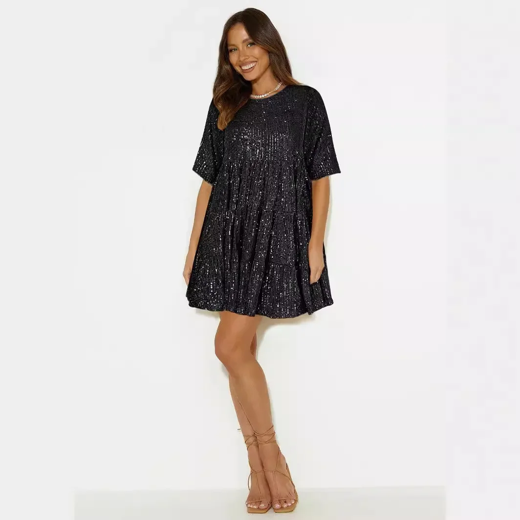 Fashionable solid color sequin loose waist short sleeved large hem short skirt dress
Fashionable solid color sequin loose waist short sleeved large hem short skirt dress