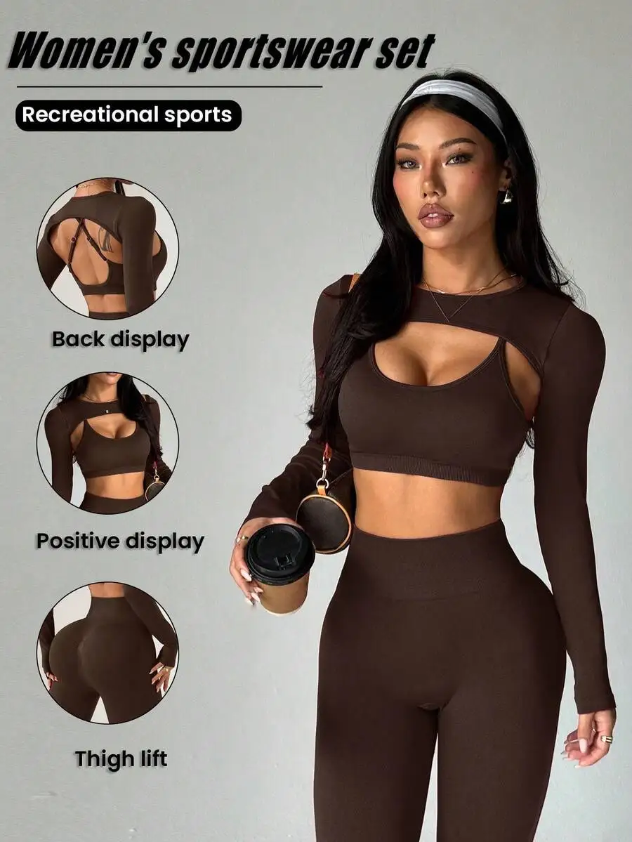 Womens Solid Color Long Sleeve Sports Set With Cut Out Top And High Waist Leggings
Womens Solid Color Long Sleeve Sports Set With Cut Out Top And High Waist Leggings