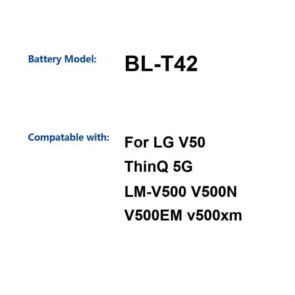BL-T42 Долговечная замена аккумулятора мобильного телефона премиум-класса для LG V50 Thinq 5G LM-V500 V500N V500EM V500xm 4000 мАч
BL-T42 Долговечная замена аккумулятора мобильного телефона премиум-класса для LG V50 Thinq 5G LM-V500 V500N V500EM V500xm 4000 мАч