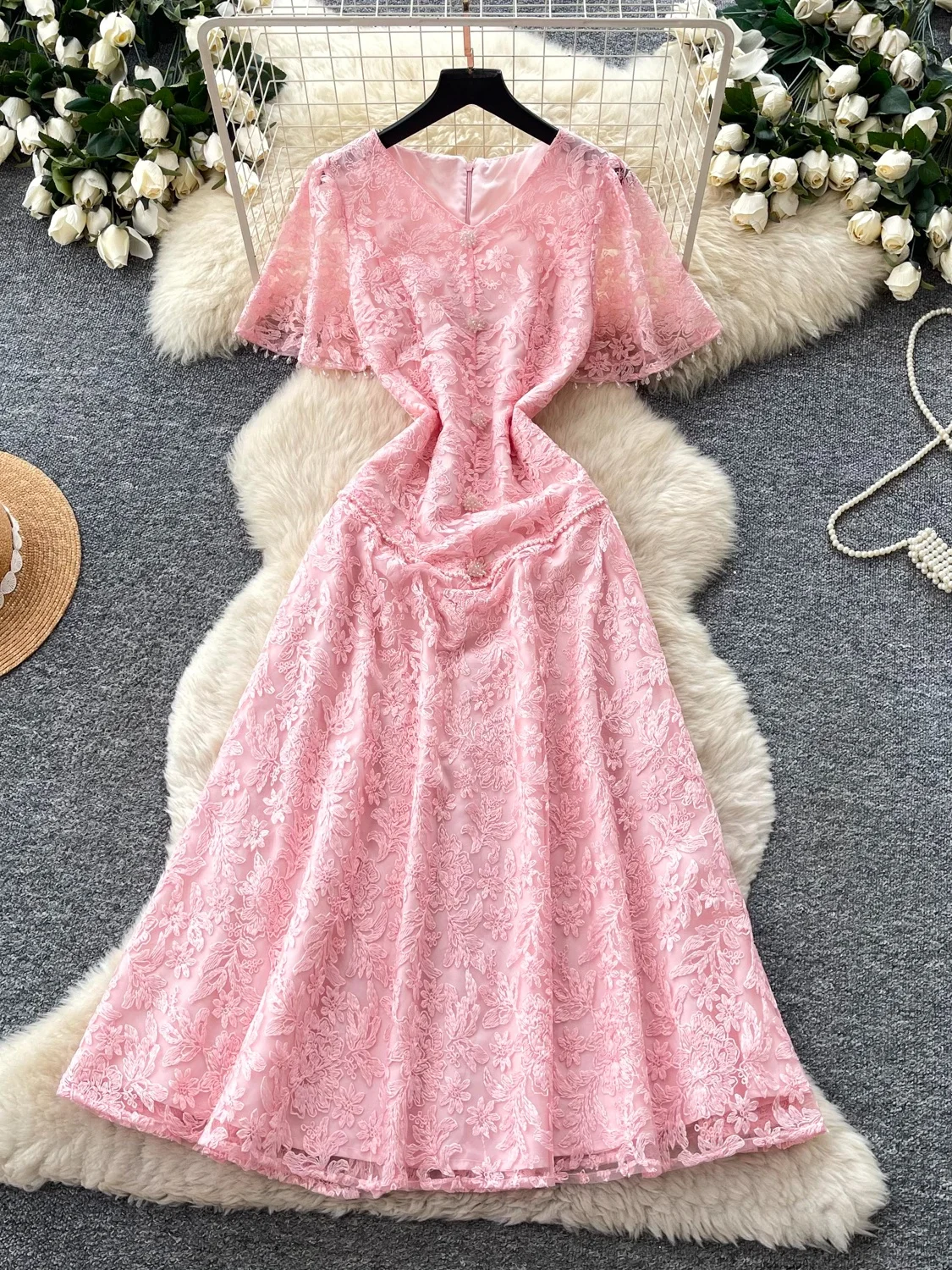 Sweet Style Pink Lace Dress Women Summer Heavy Work Short Sleeve V-Neck Waist Cinched A-Line Skirt Elegant Slimming Effect
Sweet Style Pink Lace Dress Women Summer Heavy Work Short Sleeve V-Neck Waist Cinched A-Line Skirt Elegant Slimming Effect