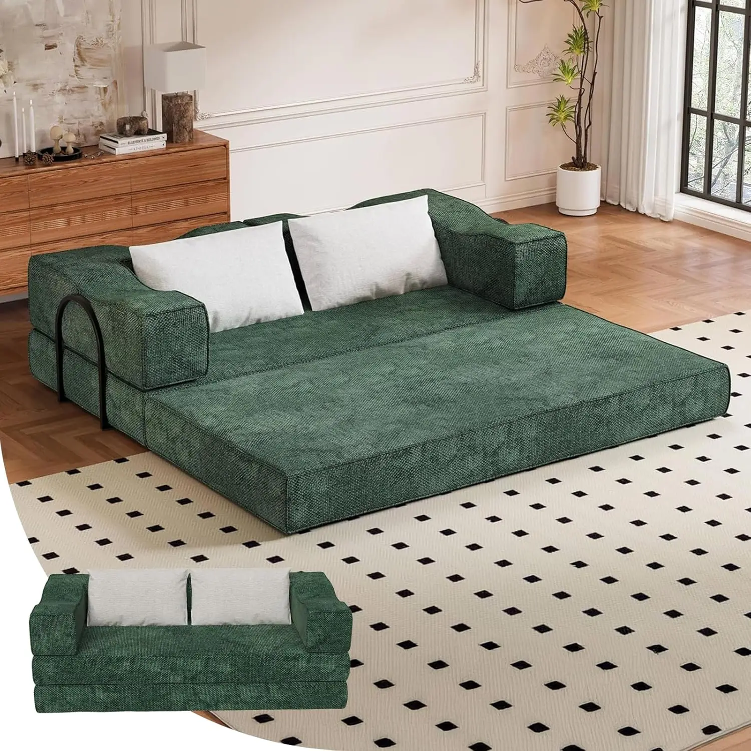 4-in-1 DIY Floding Out Futon Couch, King Size Convertible Sleeper Sofa Bed, Chenille Modular Sectional Sofa with Fixed-Shape Fra
4-in-1 DIY Floding Out Futon Couch, King Size Convertible Sleeper Sofa Bed, Chenille Modular Sectional Sofa with Fixed-Shape Fra