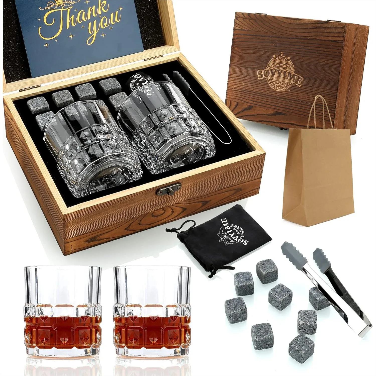 Whiskey Gifts for Men, 2 Crystal Glasses with Granite Stones in Wood Box, Bourbon Scotch Set for Birthday Father's Day
Whiskey Gifts for Men, 2 Crystal Glasses with Granite Stones in Wood Box, Bourbon Scotch Set for Birthday Father's Day