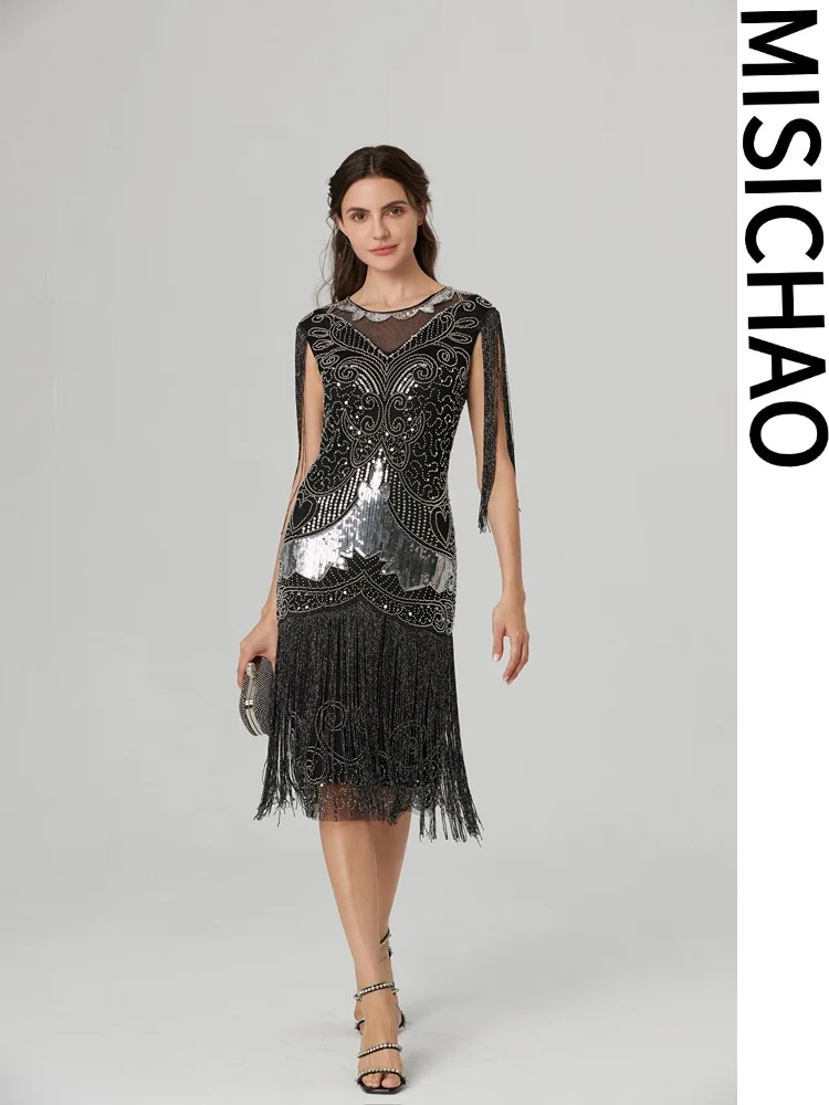 MISICHAO 1920-е годы платье-хлопушка женское с кисточками и бахромой с блестками прозрачная сетка на плечах черное, серебряное коктейльное вечернее платье для выпускного вечера
MISICHAO 1920-е годы платье-хлопушка женское с кисточками и бахромой с блестками прозрачная сетка на плечах черное, серебряное коктейльное вечернее платье для выпускного вечера