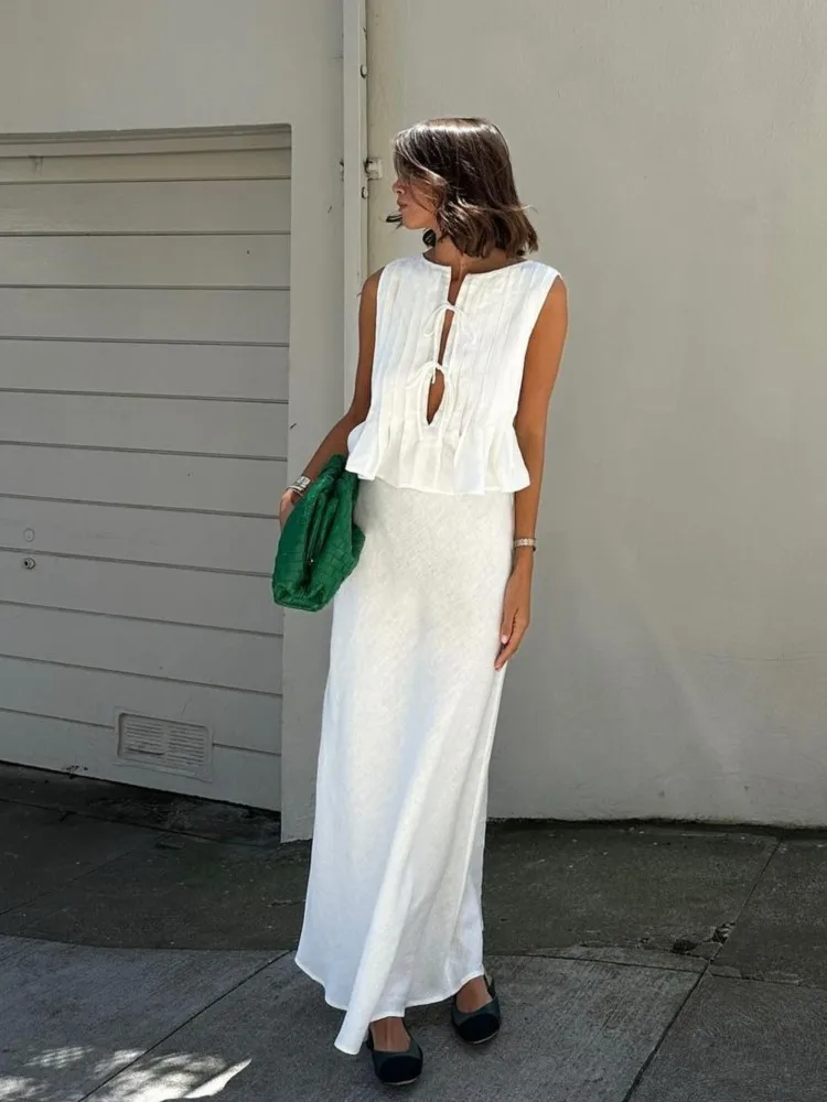 Новые летние повседневные женские комплекты из хлопковой льняной юбки из 2 предметов, элегантная нарядная майка на шнуровке, шикарная рубашка без рукавов с рюшами, длинная юбка
Новые летние повседневные женские комплекты из хлопковой льняной юбки из 2 предметов, элегантная нарядная майка на шнуровке, шикарная рубашка без рукавов с рюшами, длинная юбка