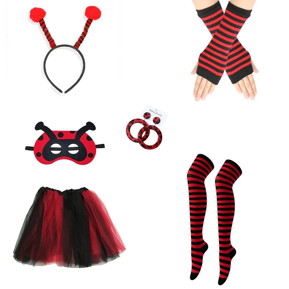 Комплект праздничного наряда PESENAR на тему божьей коровки (включая повязка на голову, маска, газовая юбка, полосатые перчатки, чулки и т. д.) 
Комплект праздничного наряда PESENAR на тему божьей коровки (включая повязка на голову, маска, газовая юбка, полосатые перчатки, чулки и т. д.)