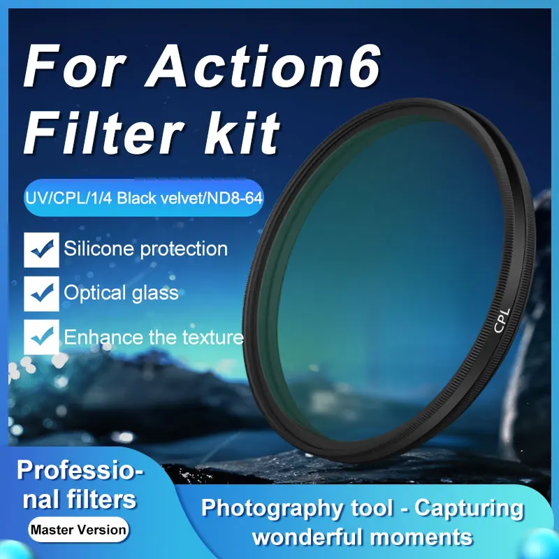 Filter Kit for DJI Osmo Action 6 – ND, CPL UV Lens Filters, Snap-On/HD Optical Glass/Multi-Coated Filters Set Accessories
Filter Kit for DJI Osmo Action 6 – ND, CPL UV Lens Filters, Snap-On/HD Optical Glass/Multi-Coated Filters Set Accessories