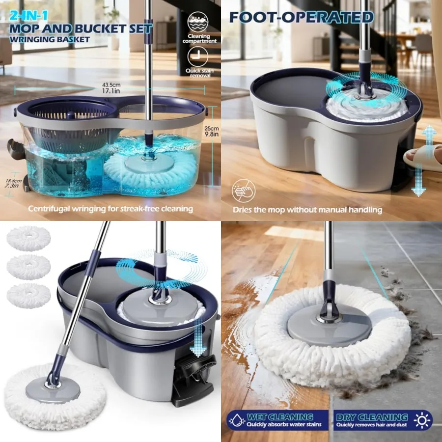 Spin Mop and Bucket Set, EasyWring Microfiber Spin Mop with 3 Mop Pads, Pedal Spinning Mops and Bucket with Wringer Set for Flo
Spin Mop and Bucket Set, EasyWring Microfiber Spin Mop with 3 Mop Pads, Pedal Spinning Mops and Bucket with Wringer Set for Flo