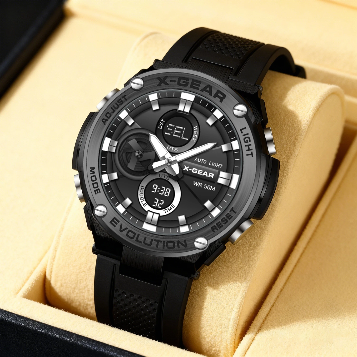 X-GEAR Мужские модные спортивные часы с двойным дисплеем и водонепроницаемым резиновым ремешком
X-GEAR Мужские модные спортивные часы с двойным дисплеем и водонепроницаемым резиновым ремешком