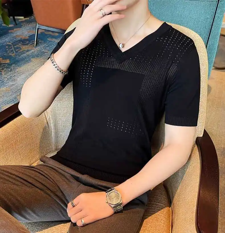 Summer Ice Silk Hollow out Men's Knitted T-Shirt Short Sleeve Slim Fit Lightweight Base Shirt Trendy V-Neck Breathable Top
Summer Ice Silk Hollow out Men's Knitted T-Shirt Short Sleeve Slim Fit Lightweight Base Shirt Trendy V-Neck Breathable Top