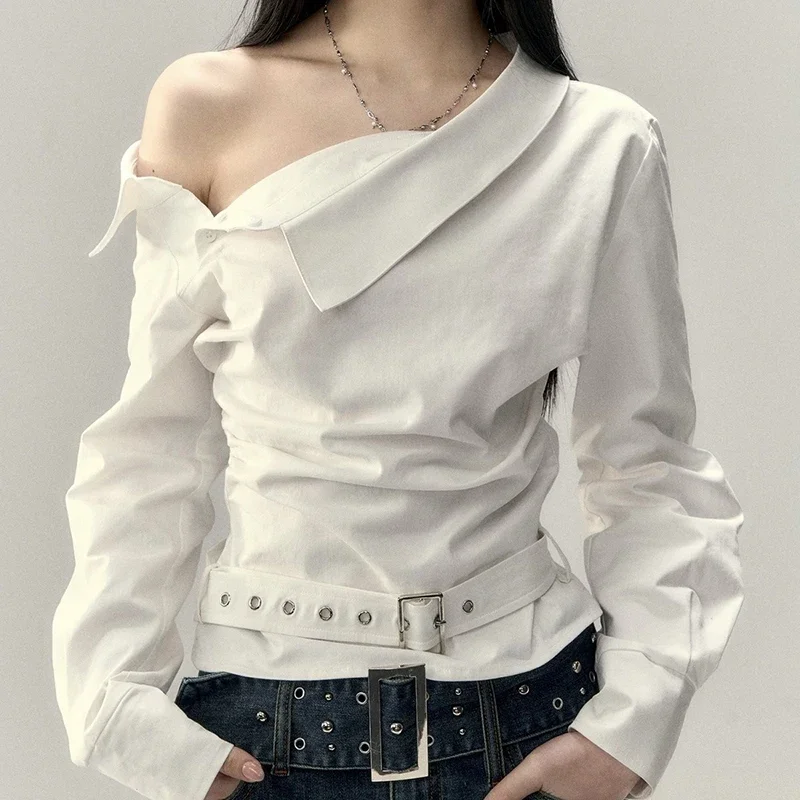 Korean Fashion White Belt Shirts Women Sexy Skew Collar Blouses Summer Gyaru Off Shoulder Long Sleeve Design Slim Tops New
Korean Fashion White Belt Shirts Women Sexy Skew Collar Blouses Summer Gyaru Off Shoulder Long Sleeve Design Slim Tops New