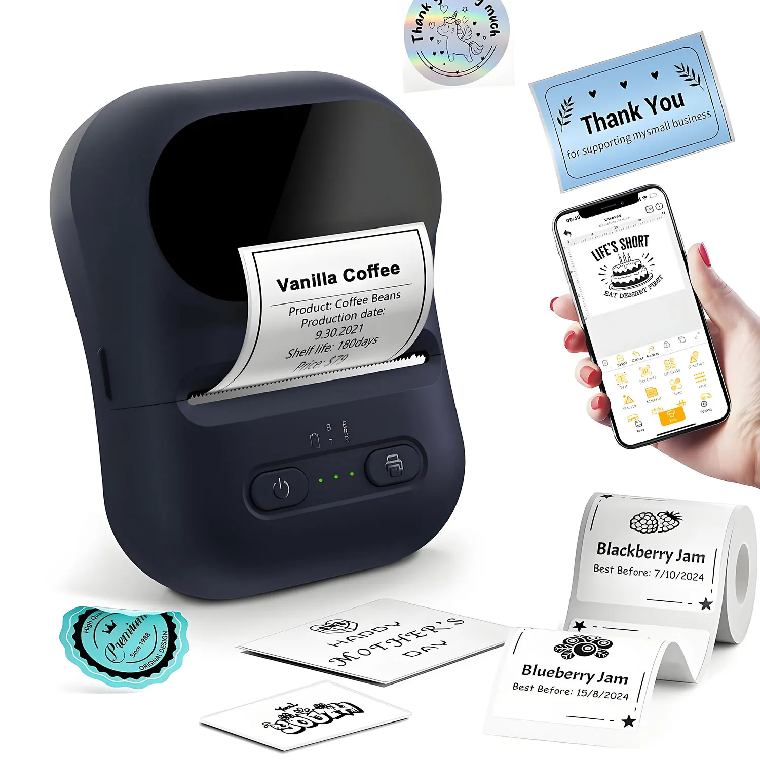 2inch Mini Thermal Printer No Ink Wireless Connect Compatible iOS Android for Home&Office Cable Sticker Printer