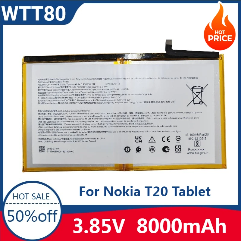 Новый высококачественный сменный аккумулятор 3,85 В 8000 мАч WTT80 Сменный аккумулятор для планшета Nokia T20 (встроенный тип) 
Новый высококачественный сменный аккумулятор 3,85 В 8000 мАч WTT80 Сменный аккумулятор для планшета Nokia T20 (встроенный тип)