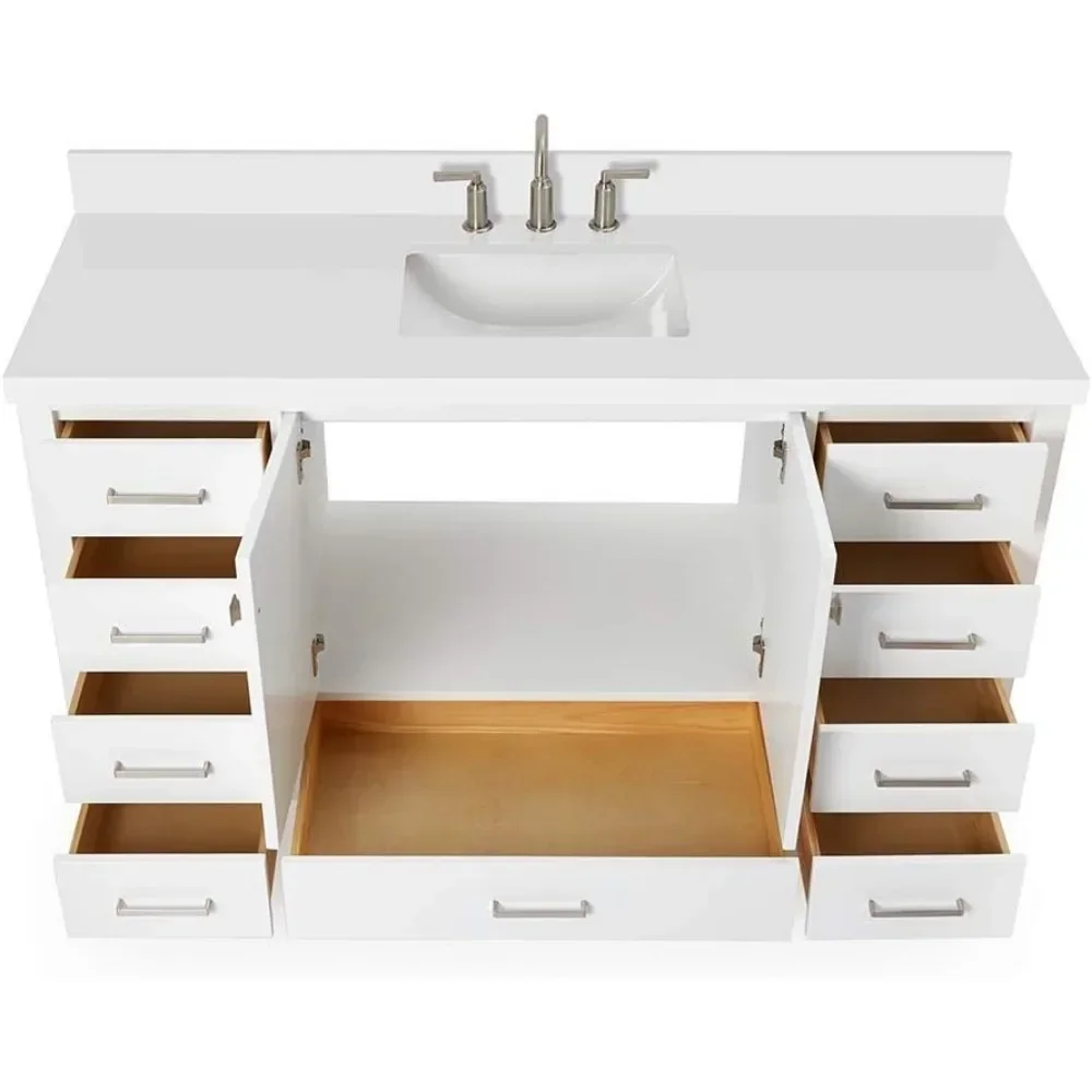 61"White Bathroom Vanity with 1.5" Edge Pure White Quartz Countertop & Backsplash, Center Rectangular Sink, 4 Soft Closing Doors
61"White Bathroom Vanity with 1.5" Edge Pure White Quartz Countertop & Backsplash, Center Rectangular Sink, 4 Soft Closing Doors