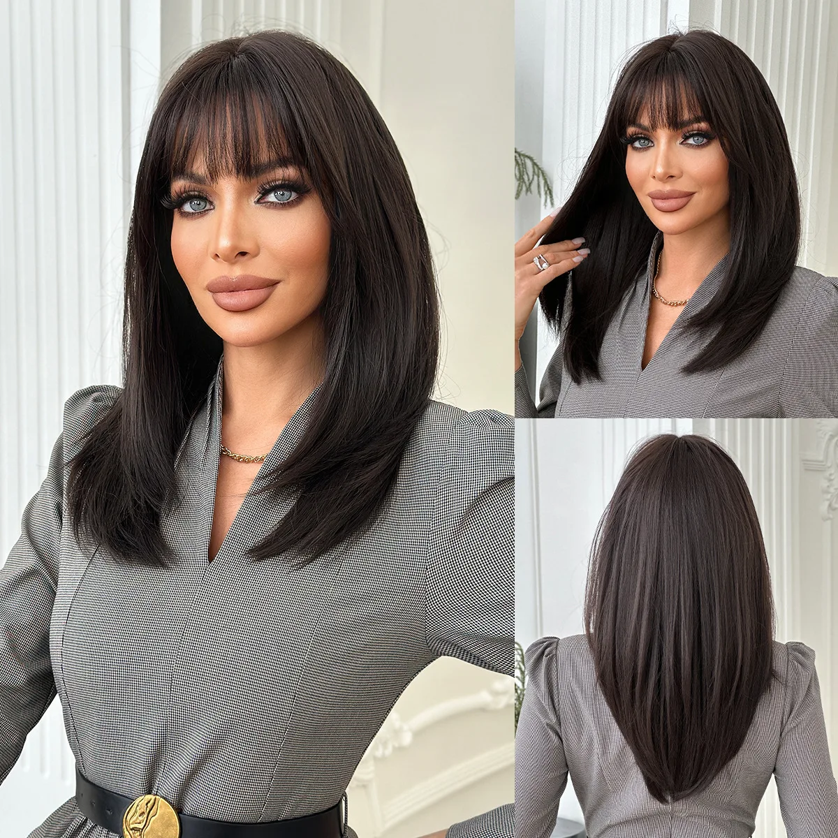 Wig female full headgear medium and long hair chest length dark tea layered straight hair air bangs high quality wig
Wig female full headgear medium and long hair chest length dark tea layered straight hair air bangs high quality wig