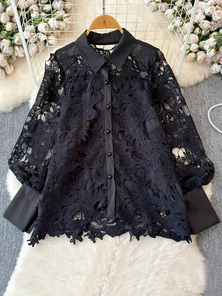 Spring Autumn French Style Long Sleeved Lapel Shirt Women's Party Black White Single Breasted Hook Flower Hollow Lace Blouse C59
Spring Autumn French Style Long Sleeved Lapel Shirt Women's Party Black White Single Breasted Hook Flower Hollow Lace Blouse C59