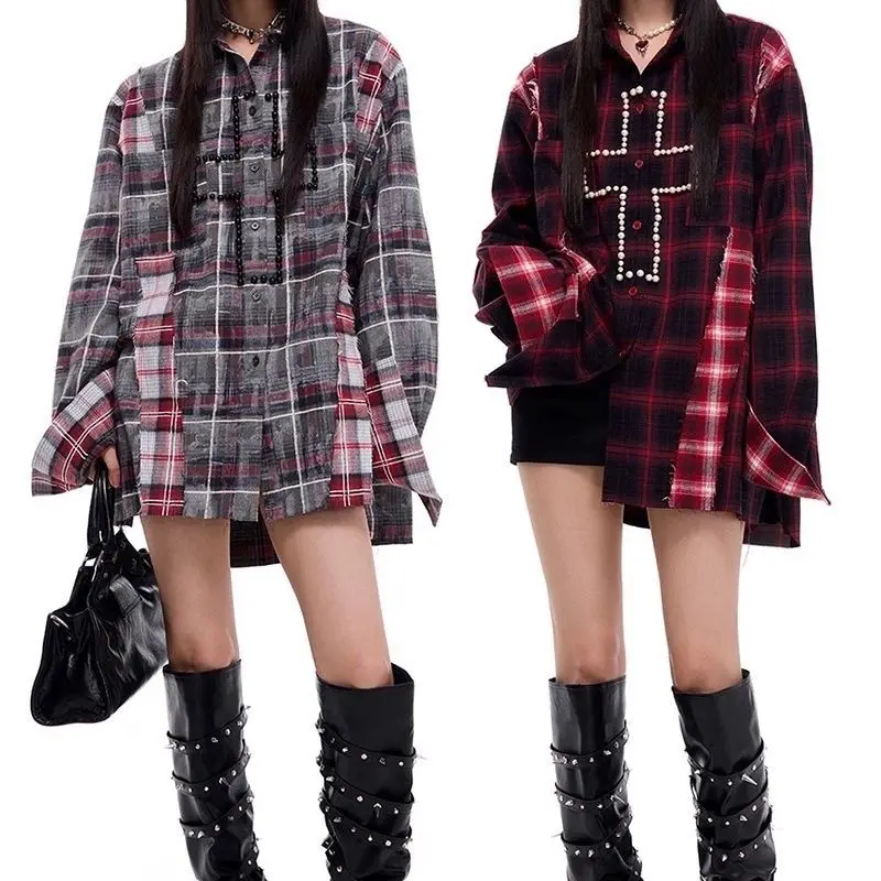 Goth Plaid Blouse Women Shirt Street Harajuku Retro Hip Hop Splicing Shirts for Women Tops Loose Casual Beads Denim Clothes
Goth Plaid Blouse Women Shirt Street Harajuku Retro Hip Hop Splicing Shirts for Women Tops Loose Casual Beads Denim Clothes