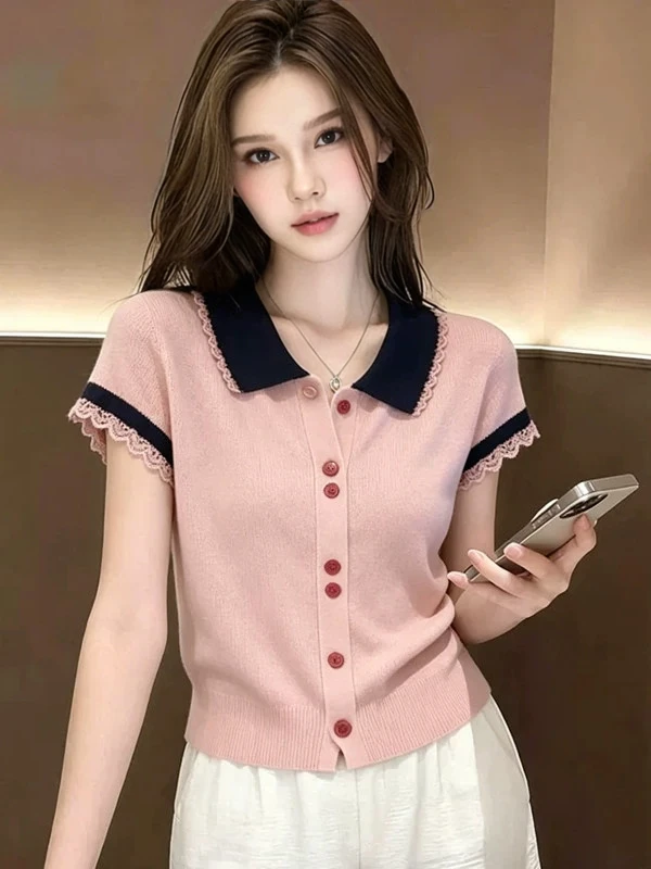 Women's Knitted Short Sleeve Open Cardigan Summer New Style Lace Trim Pink Elegance Single Button Flip Collar Versatile Top
Women's Knitted Short Sleeve Open Cardigan Summer New Style Lace Trim Pink Elegance Single Button Flip Collar Versatile Top