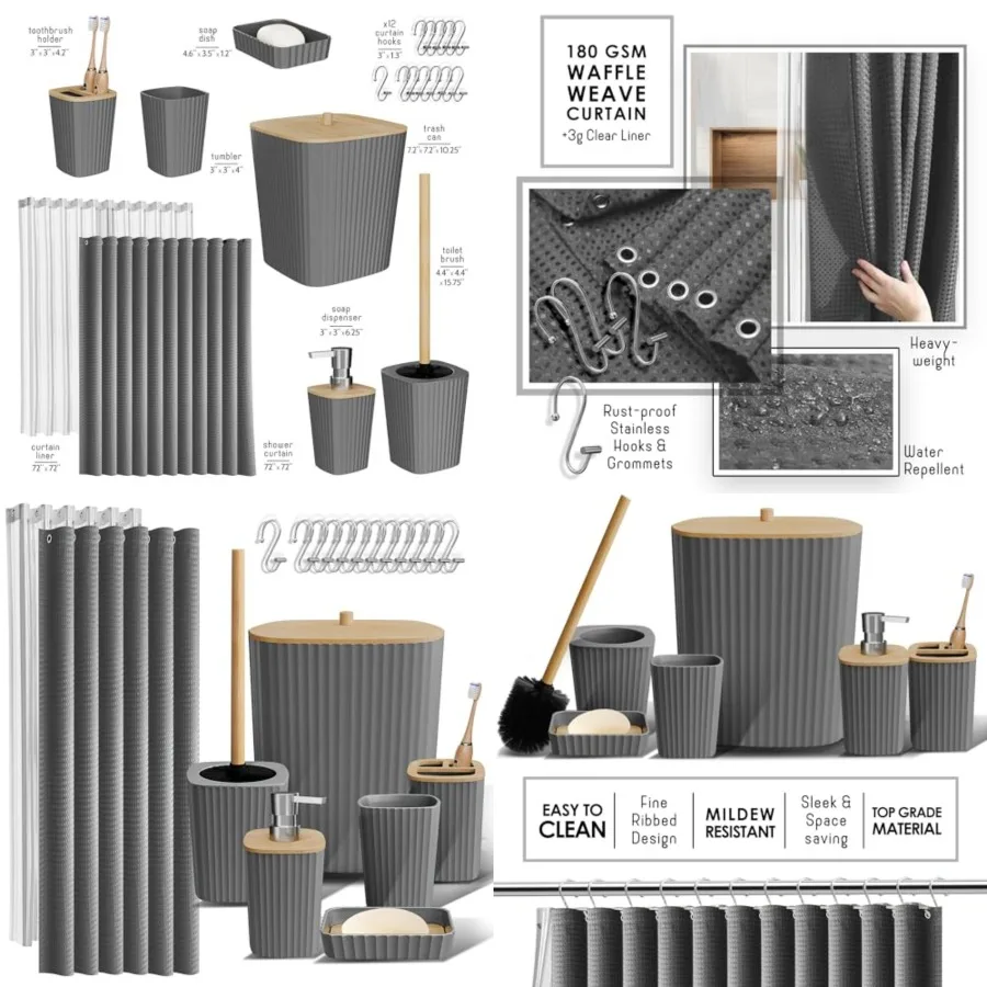 Bathroom Accessories Set - Bathroom Set, Bathroom Accessory Set, Shower Curtain Set, Toilet Brush, Trash Can and Soap Dispenser
Bathroom Accessories Set - Bathroom Set, Bathroom Accessory Set, Shower Curtain Set, Toilet Brush, Trash Can and Soap Dispenser