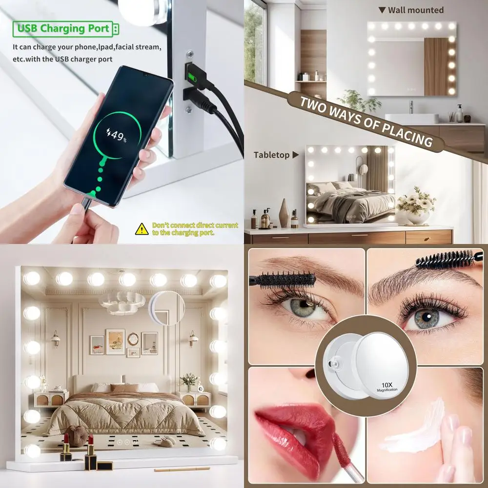 Зеркало для макияжа со светодиодной подсветкой, с регулируемой яркостью на 17 лампочек, 3 цветовых режима, 10-кратное увеличение, 23,6x19, белое
Зеркало для макияжа со светодиодной подсветкой, с регулируемой яркостью на 17 лампочек, 3 цветовых режима, 10-кратное увеличение, 23,6x19, белое