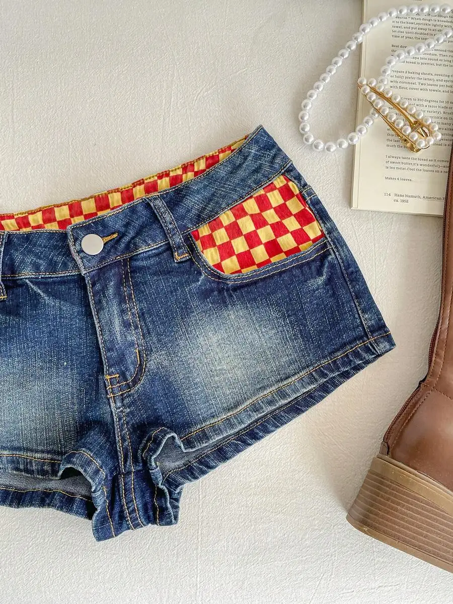 Ultra Low Rise Patchwork Plaid Denim Shorts For Women
Ultra Low Rise Patchwork Plaid Denim Shorts For Women
