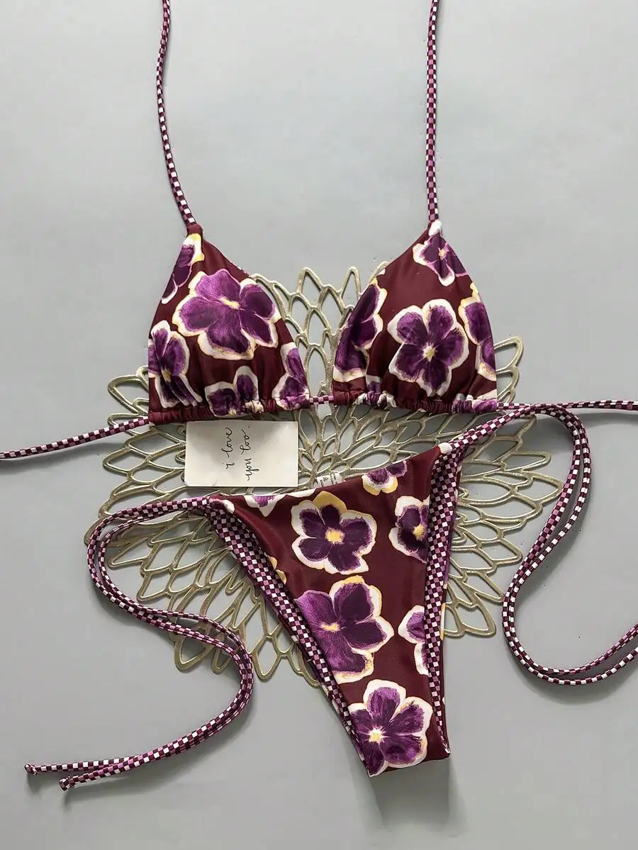 Deep Burgundy Floral Triangle Bikini Set With Removable Purple-White Checker Straps For Beach Pool Cruise Summer Vacations
Deep Burgundy Floral Triangle Bikini Set With Removable Purple-White Checker Straps For Beach Pool Cruise Summer Vacations