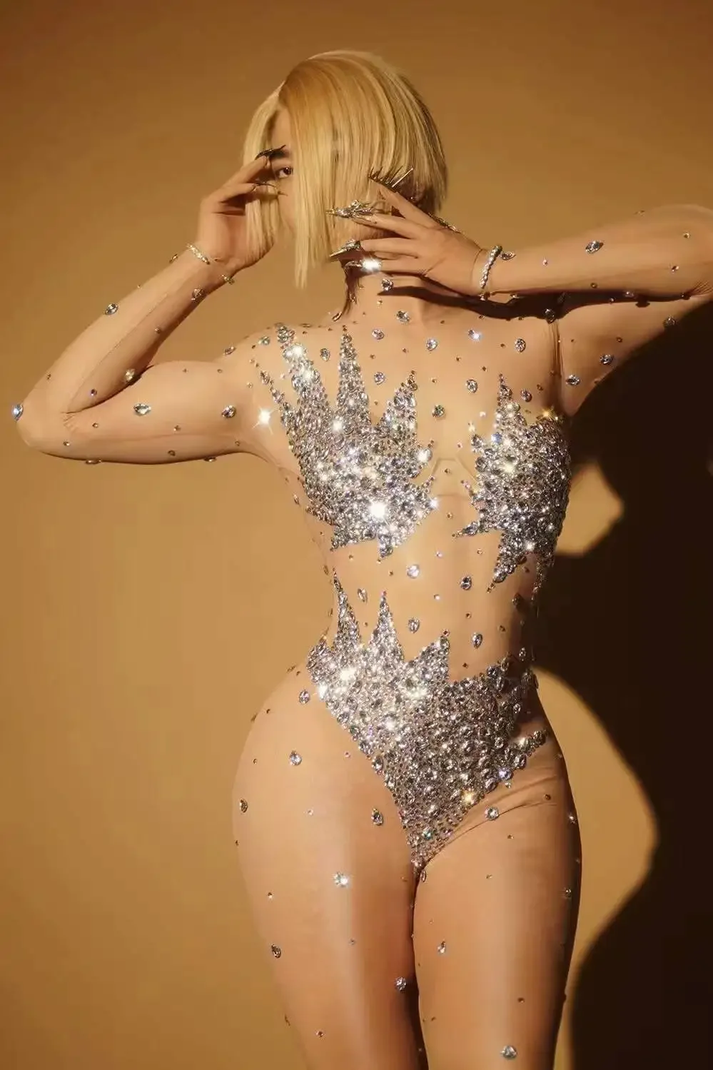 Women Stunning Mesh See Thru Stretch Body Suits Pole Dance Night Club Rhinestone Jumpsuits 2025 New Drag Queen Costume 
Women Stunning Mesh See Thru Stretch Body Suits Pole Dance Night Club Rhinestone Jumpsuits 2025 New Drag Queen Costume