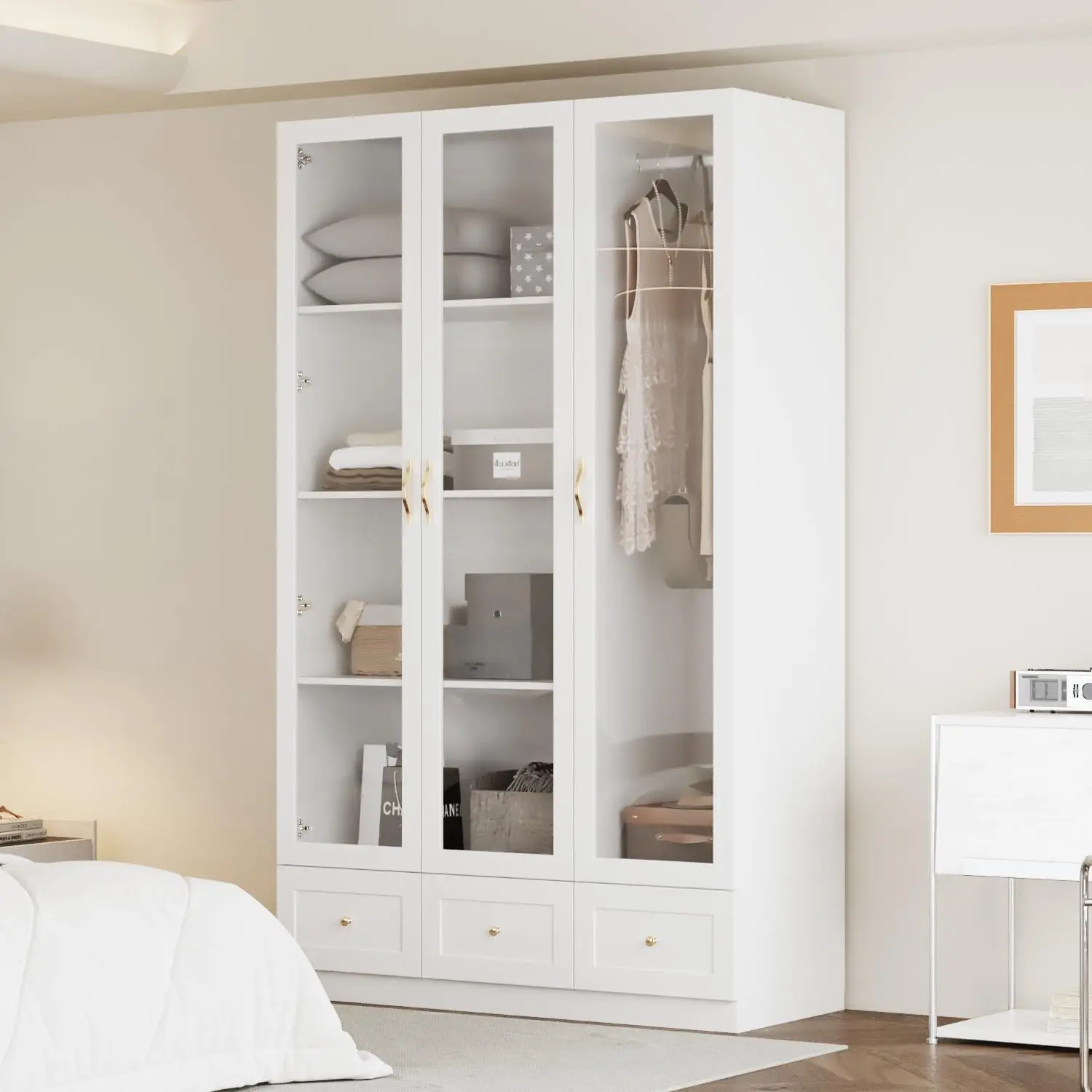 47.2" L Armoire Wardrobe Closet with Glass Doors, 3 Drawers, 4-Tier Shelves & Hanging Bar, Wooden Closet Storage Cabinet
47.2" L Armoire Wardrobe Closet with Glass Doors, 3 Drawers, 4-Tier Shelves & Hanging Bar, Wooden Closet Storage Cabinet