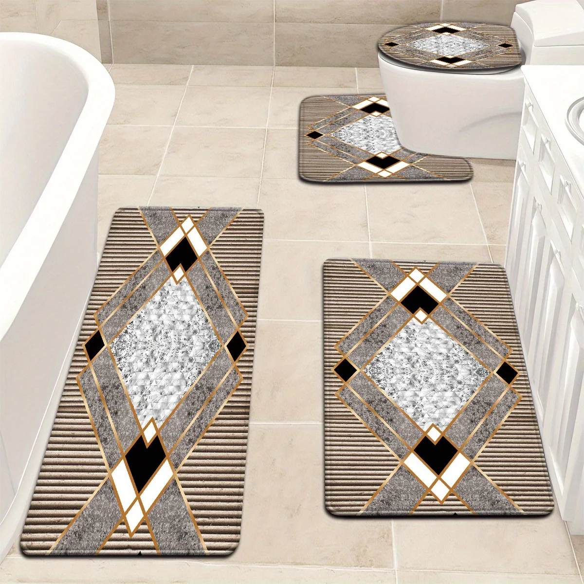 For Bathroom Use, Striped Geometric Marble Pattern Bathroom Rug Set, Including Toilet Seat Cover And U-Shaped Foot Mat
For Bathroom Use, Striped Geometric Marble Pattern Bathroom Rug Set, Including Toilet Seat Cover And U-Shaped Foot Mat