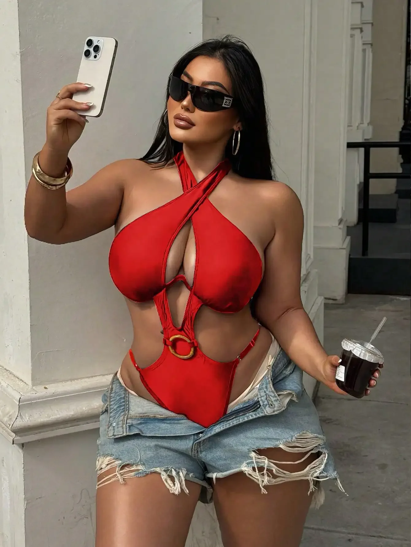 Red Halter Neck One-Piece Swimsuit With Cut-Out Detail And Gold Ring Accent For Beach Holiday
Red Halter Neck One-Piece Swimsuit With Cut-Out Detail And Gold Ring Accent For Beach Holiday