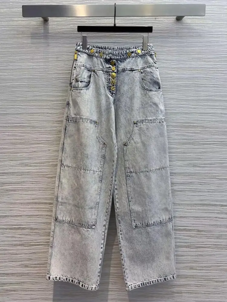 2025 New Gold Buttons Decoration Washed Blue Jeans Women Pockets Patchwork Wide Leg Fashion Loose Pants Streetwear
2025 New Gold Buttons Decoration Washed Blue Jeans Women Pockets Patchwork Wide Leg Fashion Loose Pants Streetwear