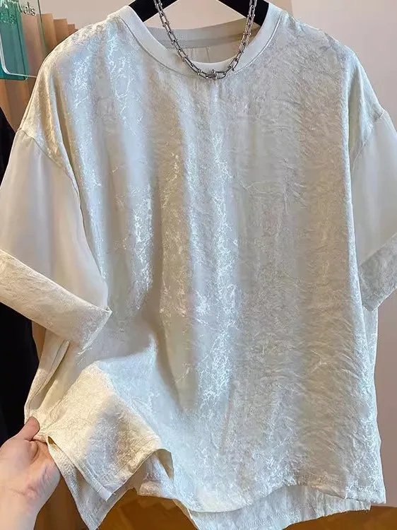 New Chinese Sle Loose Spliced Acetate Texture round Ne ort Sve Summer Top for Men And Women Large Size Youth Faion
New Chinese Sle Loose Spliced Acetate Texture round Ne ort Sve Summer Top for Men And Women Large Size Youth Faion