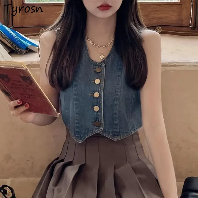 Vests Women Summer Denim Simple Sleeveless All-match Leisure Daily Vintage Fashion Do Old Design Hotsweet V-neck Korean Style
Vests Women Summer Denim Simple Sleeveless All-match Leisure Daily Vintage Fashion Do Old Design Hotsweet V-neck Korean Style