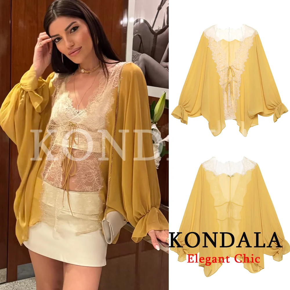 KONDALA Women Elegant Holiday Patchwork Lace Shirts See-Through Shirts New Fashion 2026 Spring Summer V-Neck Lace-up Mujer Shirt
KONDALA Women Elegant Holiday Patchwork Lace Shirts See-Through Shirts New Fashion 2026 Spring Summer V-Neck Lace-up Mujer Shirt