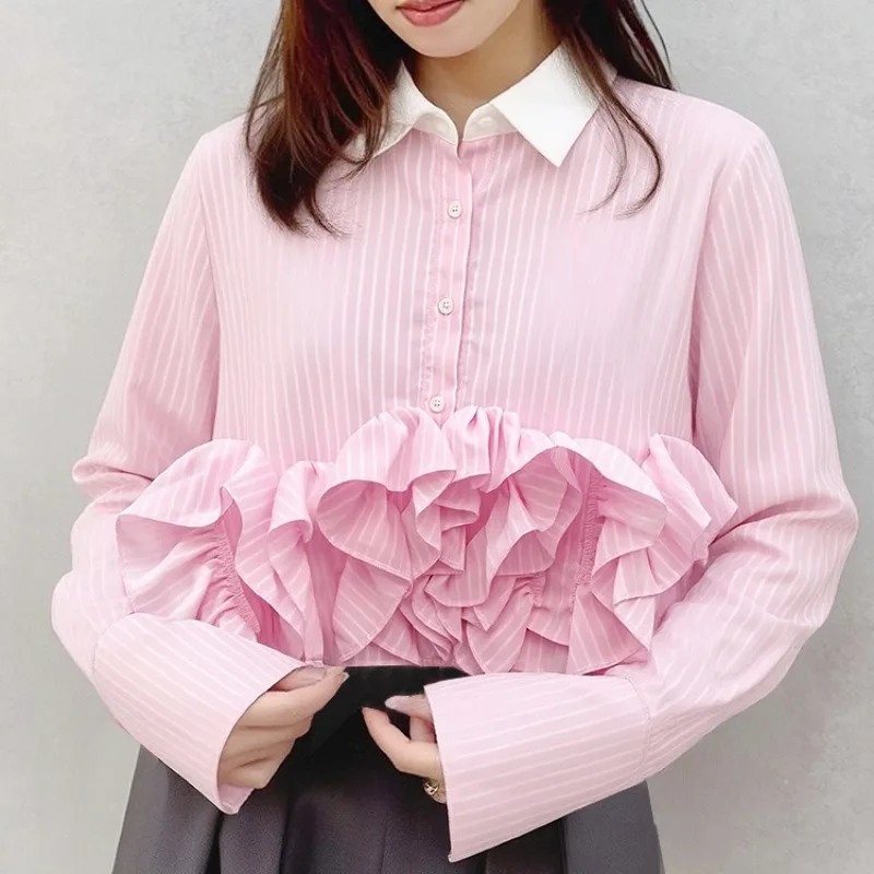 2026 Women Striped Long Sleeve Shirt White Collar Contrast Stripe Patchwork Fluffy Ruffle Hem Slim Casual Business Blouse Tops
2026 Women Striped Long Sleeve Shirt White Collar Contrast Stripe Patchwork Fluffy Ruffle Hem Slim Casual Business Blouse Tops