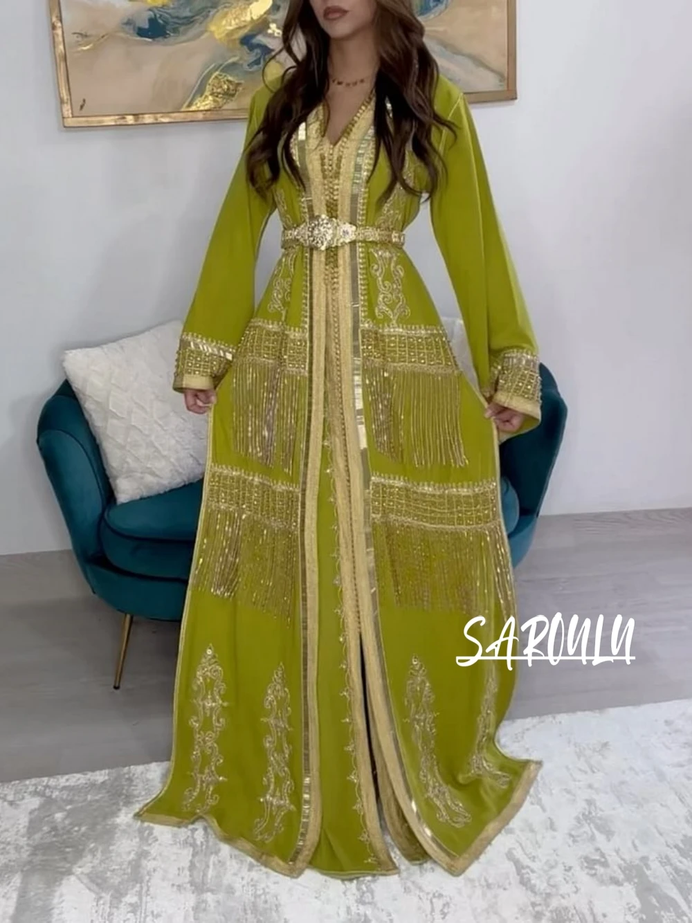 Chic V-neck Kaftan Evening Dress Caftan Shiny Tassel Prom Dresses Elegant Women Wedding Party Gown Customized Vestido De Gala
Chic V-neck Kaftan Evening Dress Caftan Shiny Tassel Prom Dresses Elegant Women Wedding Party Gown Customized Vestido De Gala