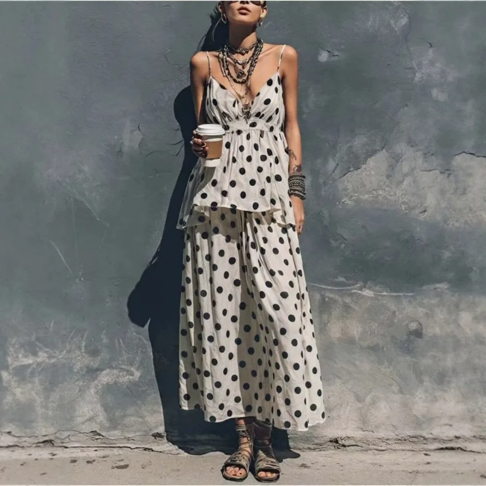 Polka Dot Cami Top and Maxi Skirt Two Piece Set V-Neck Spaghetti Strap Tiered Casual Summer Outfit Bohemian Co-ord for Women
Polka Dot Cami Top and Maxi Skirt Two Piece Set V-Neck Spaghetti Strap Tiered Casual Summer Outfit Bohemian Co-ord for Women