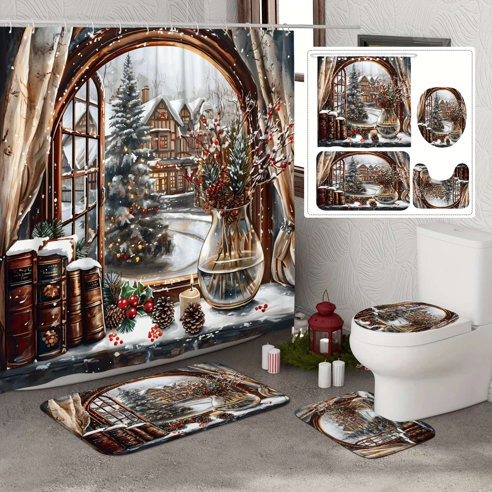 4PCS Christmas Winter Shower Set, Holly Leaves Window Green Brown Print, 12 Hooks, Non-Slip Mat, U-Seat Cover, Holiday Decor
4PCS Christmas Winter Shower Set, Holly Leaves Window Green Brown Print, 12 Hooks, Non-Slip Mat, U-Seat Cover, Holiday Decor
